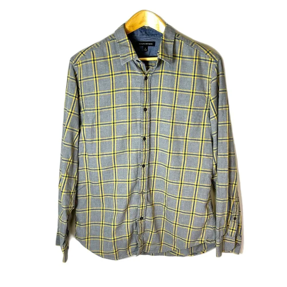 Banana Republic Men's Gray Yellow Blue Windowpane Plaid LS Flannel Shirt Size L